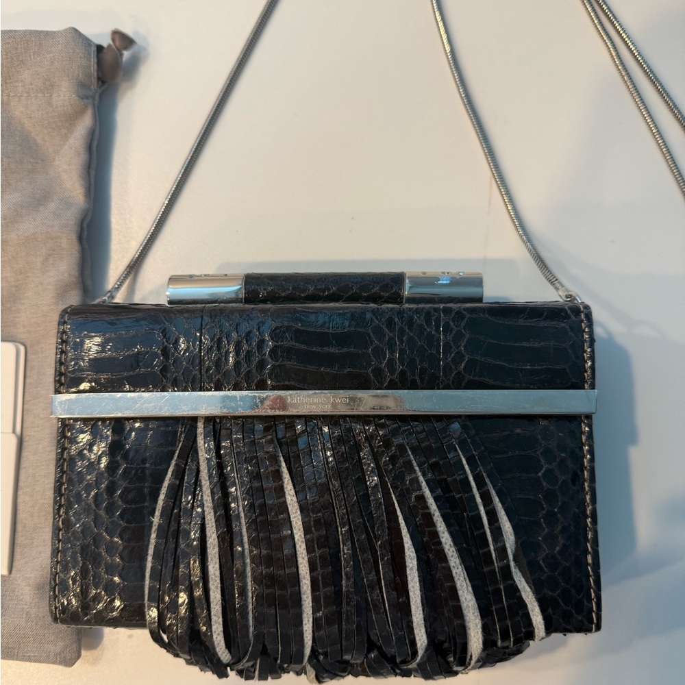 Elegant Black Croc-Embossed Clutch with Silver Accents